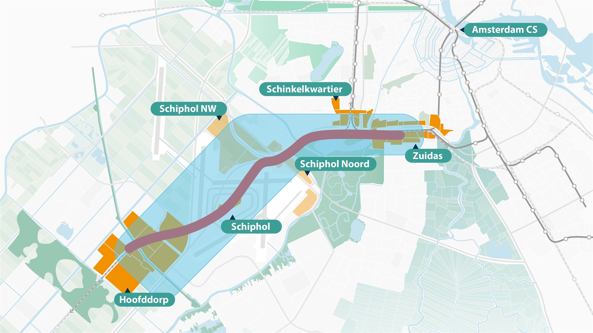 Kaart van het plangebied van het project OV-verbinding Amsterdam - Haarlemmermeer